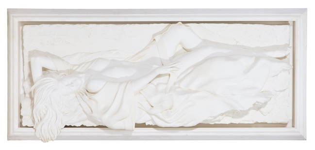 Bill Mack (American/Minnesota, b. 1949), "Large Recumbent Sleeping Nude with Open Bathrobe,": Bill Mack (American/Minnesota, b. 1949), "Large Recumbent Sleeping Nude with Open Bathrobe," bonded sand wall relief on wood panel, signed upper left and indistinctly numbered, presented in a white co