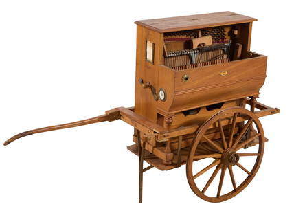 Enrique Salva Hurdy Gurdy, Barcelona, early 20th c., Overall- H.- 32 1/4 in., W.- 51 1/2 in., D.- 15: Enrique Salva Hurdy Gurdy, Barcelona, early 20th c., crank operated barrel organ, the upright piano form with winding handle, carry handles at each end, barrel #10 with six songs, 32-key mechanism, tr