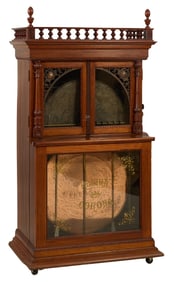 Regina Corona Music Box, early 20th c., H.- 73 in., W.- 39 in., D.- 25 1/2 in.