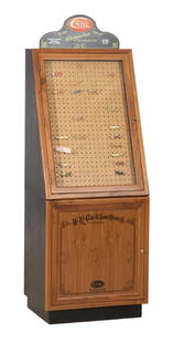 Large Case Knife Display, 20th c., H.- 58 in., W.- 23 1/4 in., D.- 16 in.: Large Case Knife Display, 20th c., arched trade sign above, glazed door in front of peg board display, lower cabinet door, including several new old stock knives, H.- 58 in., W.- 23 1/4 in., D.- 16 in
