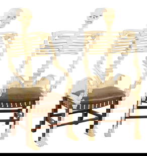 Pair of Carved Mahogany Skeleton Armchairs, c. 1960, Each- H.- 54 in., W.- 22 1/2 in., D.- 22 5/8: Pair of Carved Mahogany Skeleton Armchairs, c. 1960, painted recumbent skeleton, leather upholstered seat, straight legs connected by stretchers, Each- H.- 54 in., W.- 22 1/2 in., D.- 22 5/8 in. (2 Pc
