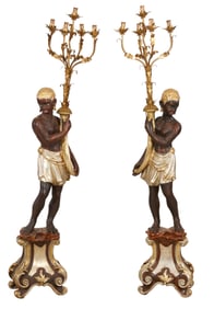 Pair of Giltwood Polychromed Blackamoor Figure Floor Torchiere, 20th c., Each- H.- 71 in., W.- 16