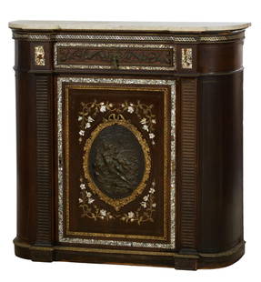 Napoleon III Inspired Bronze Mounted Mother of Pearl Inlaid Parlor Cabinet, late 19th c., H.- 46 1/4: Napoleon III Inspired Bronze Mounted Mother of Pearl Inlaid Parlor Cabinet, late 19th c., the moulded marble top with projected blocks, inlaid frieze, bronzed oak leaves and acorns on drawer, lower ca