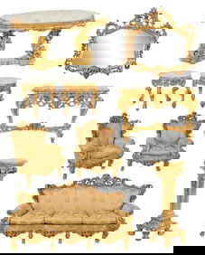 Nine Piece Italian Style Onyx Top Carved Giltwood Living Room Suite, 20th c., Sofa- H.- 47 in., W.-