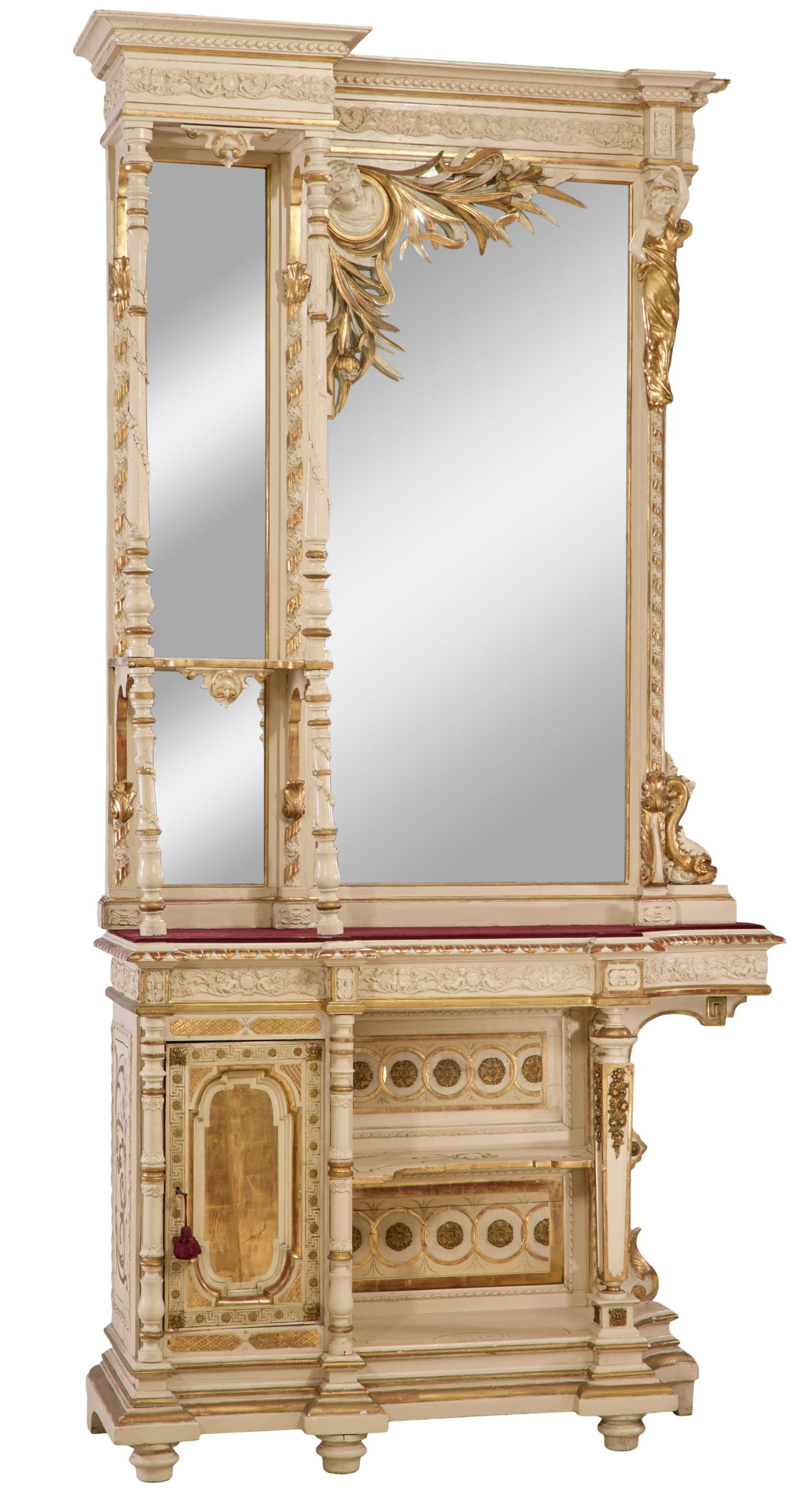 Antique Italian Creme Peinte and Giltwood Asymmetric Console & Mirror, late 19th c., H.- 125 in., (1 of 3)