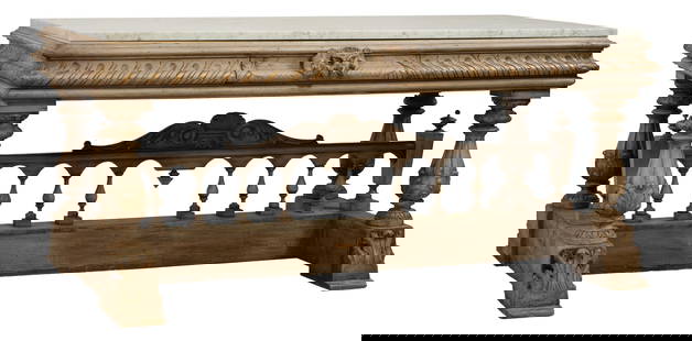 Italian Renaissance Style Marble Top Gris Peinte Library Table, late 19th c., H.- 35 1/2 in., W.- 78: Italian Renaissance Style Marble Top Gris Peinte Library Table, late 19th c., the raised marble top over stepped gadrooned frieze with masque handles drawer, four foliated baluster legs, acanthus and