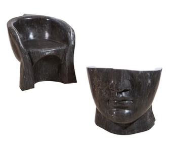 Pair of Italian Art Moderne Black Marble Face Chairs, 20th c., Each- H.- 28 in., W.- 28 in., D.- 28