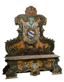 Italian Venetian Trompe L'oeil Polychromed Bench, 19th c., H.- 77 in., W.- 61 1/2 in., D.- 15 1/2
