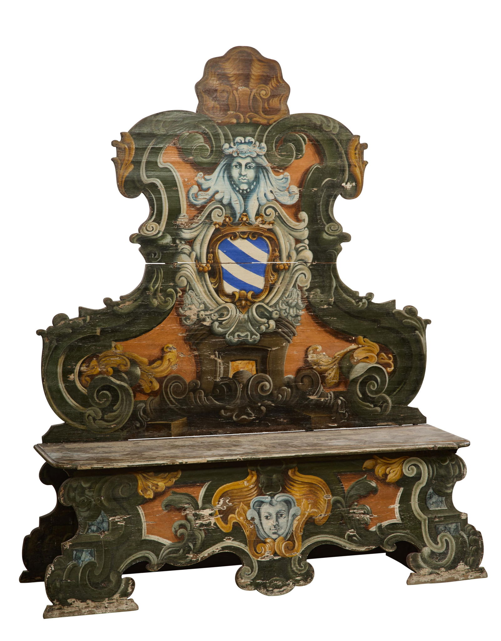 Italian Venetian Trompe L'oeil Polychromed Bench, 19th c., H.- 77 in., W.- 61 1/2 in., D.- 15 1/2 (1 of 8)