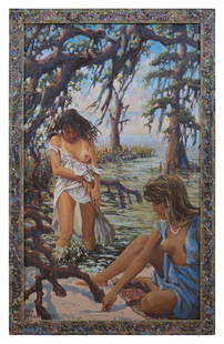 Don Wright (American/Louisiana, 1938-2007), "Bayou Women," 1990, Sight- H.- 60 in., W.- 36 in.,: Don Wright (American/Louisiana, 1938-2007), "Bayou Women," 1990, acrylic on canvas, signed and dated lower left, presented in an artist painted frame, Sight- H.- 60 in., W.- 36 in., Framed- H.- 65 1/4
