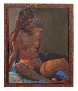 Don Wright (American/ Louisiana, 1938-2007), "Seated Female Nude," 1984, Sight- H.- 30 in., W.- 24: Don Wright (American/ Louisiana, 1938-2007), "Seated Female Nude," 1984, oil on canvas, signed and dated lower left, double framed with a wood liner and mounted on a painted wood frame, Sight- H.- 30