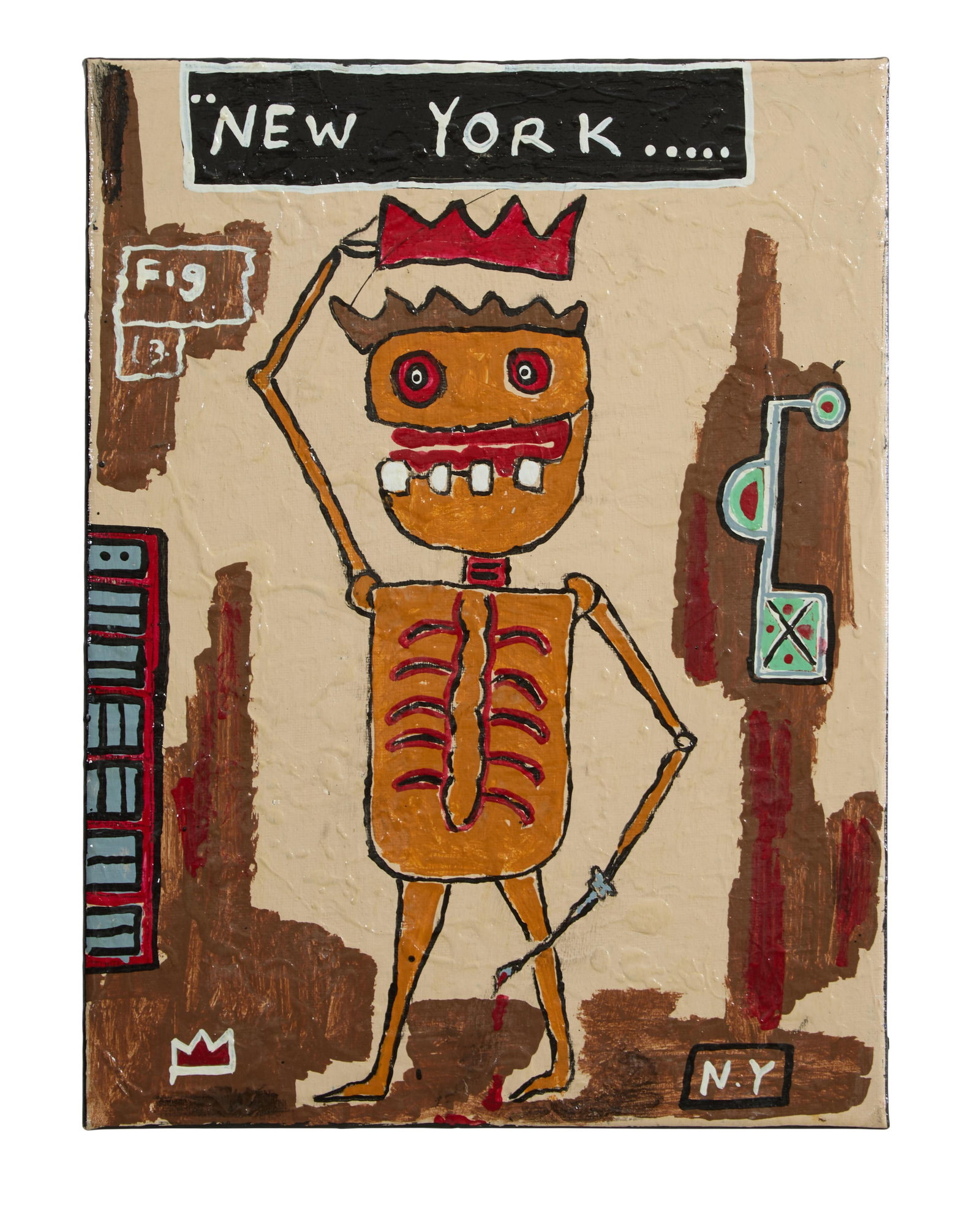 OGP "King" (American, 20th/21st Century), Two Homages to Jean Michel Basquiat: "New York," and "New: OGP "King" (American, 20th/21st Century), Two Homages to Jean Michel Basquiat: "New York," and "New York," each acrylic on canvas, each signed, inscribed and labeled en verso, each unframed First- H.-