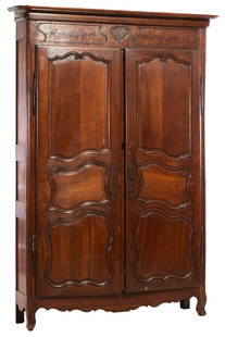 Unusual French Provincial Louis XV Style Corner Armoire, late 19th c., H.- 96 1/2 in., W.- 50 in.,: Unusual French Provincial Louis XV Style Corner Armoire, late 19th c., the coved cornice over moulded frieze, two triple raised panel doors, spurred apron joining cabriole legs, H.- 96 1/2 in., W.- 50