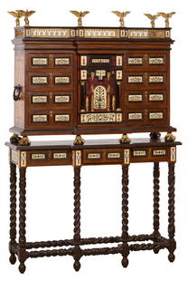 Italian Style Ormolu Mounted Inlaid Vargueno, 20th c., H.- 73 in., W.- 46 in., D.- 15 in.: Italian Style Ormolu Mounted Inlaid Vargueno, 20th c., the superstructure with pierced brass gallery topped with six spread wing eagle finials, the projected center section with faux tortoise and bone