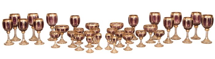 Thirty-Four Pieces of Moser Style Amethyst Bohemian Stemware, 19th c., Red Wines- H.- 8 1/8 in.,
