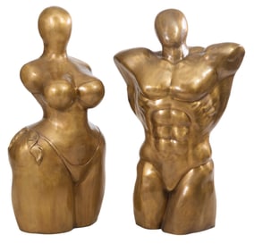 Pair of Patinated Bronze Contemporary Abstract Figures, 20th c., Male- H.- 48 in., W.- 30 in., D.-