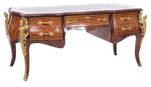 French Louis XV Style Ormolu Mounted Bombe Form Bureau Plat, 20th c., H.- 33 in., W.- 68 in.,