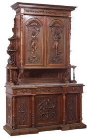 French Renaissance Revival Marble Top Carved Walnut Buffet a Deux Corps, late 19th c., H.- 101 in.,