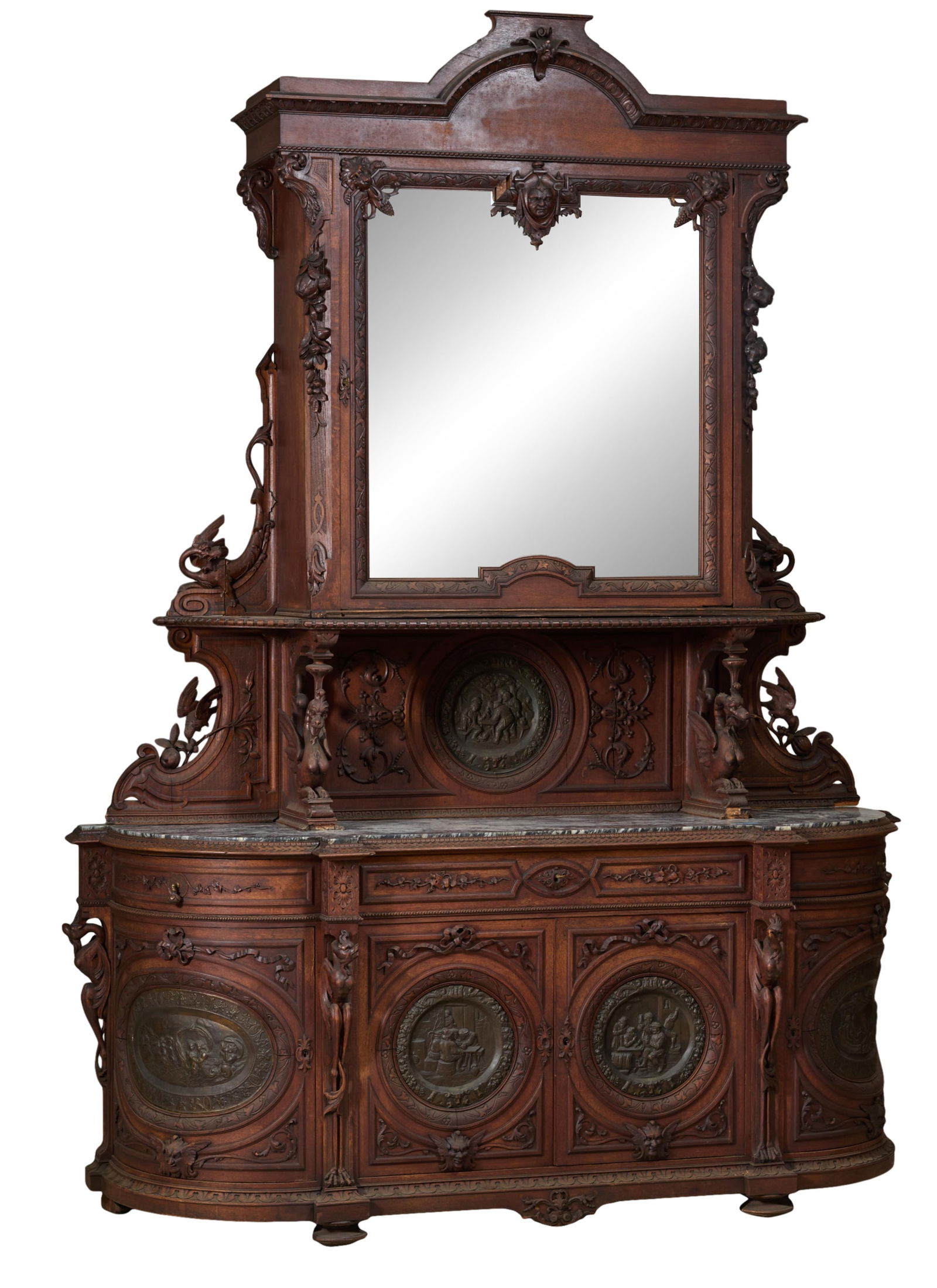 Large French Renaissance Revival Bronze Plaque Mounted MarbleTop Carved Walnut Server, late 19th c., (1 of 20)