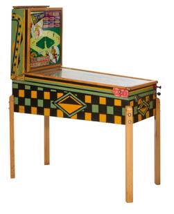 Hit 'N' Run Pinball Machine, 1952, H.- 64 1/4 in., W.- 25 in., D.- 56 in.: Hit 'N' Run Pinball Machine, 1952, manufactured by D. Gottlieb & Co., model 65, with a production run of 1,400 units, designed by Wayne Neyens with art by Roy Parker, 1-player electro-mechanical unit