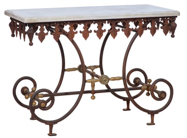 French Marble Top Brass and Cast Iron Bakers Table, 20th c., H.- 35 in., W.- 49 in., D.- 23 in.