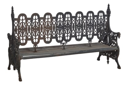 Ornate Double Sided Wrought Iron Park Bench, 20th c., H.- 48 in., W.- 77 in., D.- 34 1/2 in.