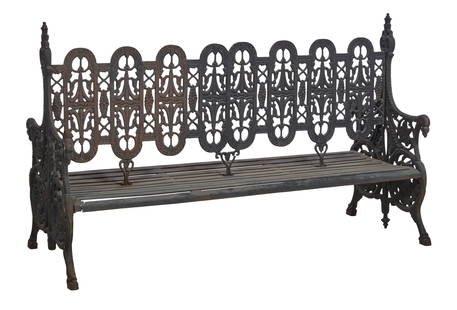 Ornate Double Sided Wrought Iron Park Bench, 20th c., H.- 48 in., W.- 77 in., D.- 34 1/2 in.: Ornate Double Sided Wrought Iron Park Bench, 20th c., the pierced back with running arches, high finialed sides into double sided handrails, pierced foliate standards on hoof feet, iron slat seat, H.-