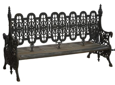 Ornate Double Sided Wrought Iron Park Bench, 20th c., H.- 48 in., W.- 77 in., D.- 34 1/2 in.