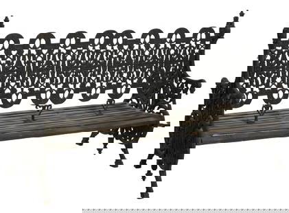 Ornate Double Sided Wrought Iron Park Bench, 20th c., H.- 48 in., W.- 77 in., D.- 34 1/2 in.: Ornate Double Sided Wrought Iron Park Bench, 20th c., the pierced back with running arches, high finialed sides into double sided handrails, pierced foliate standards on hoof feet, iron slat seat, H.-
