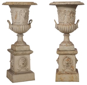 Pair of Iron Garden Urns on Stands, 20th c., H.- 64 in., W.- 21 in., D.- 18 1/2 in. (2 Pcs.)