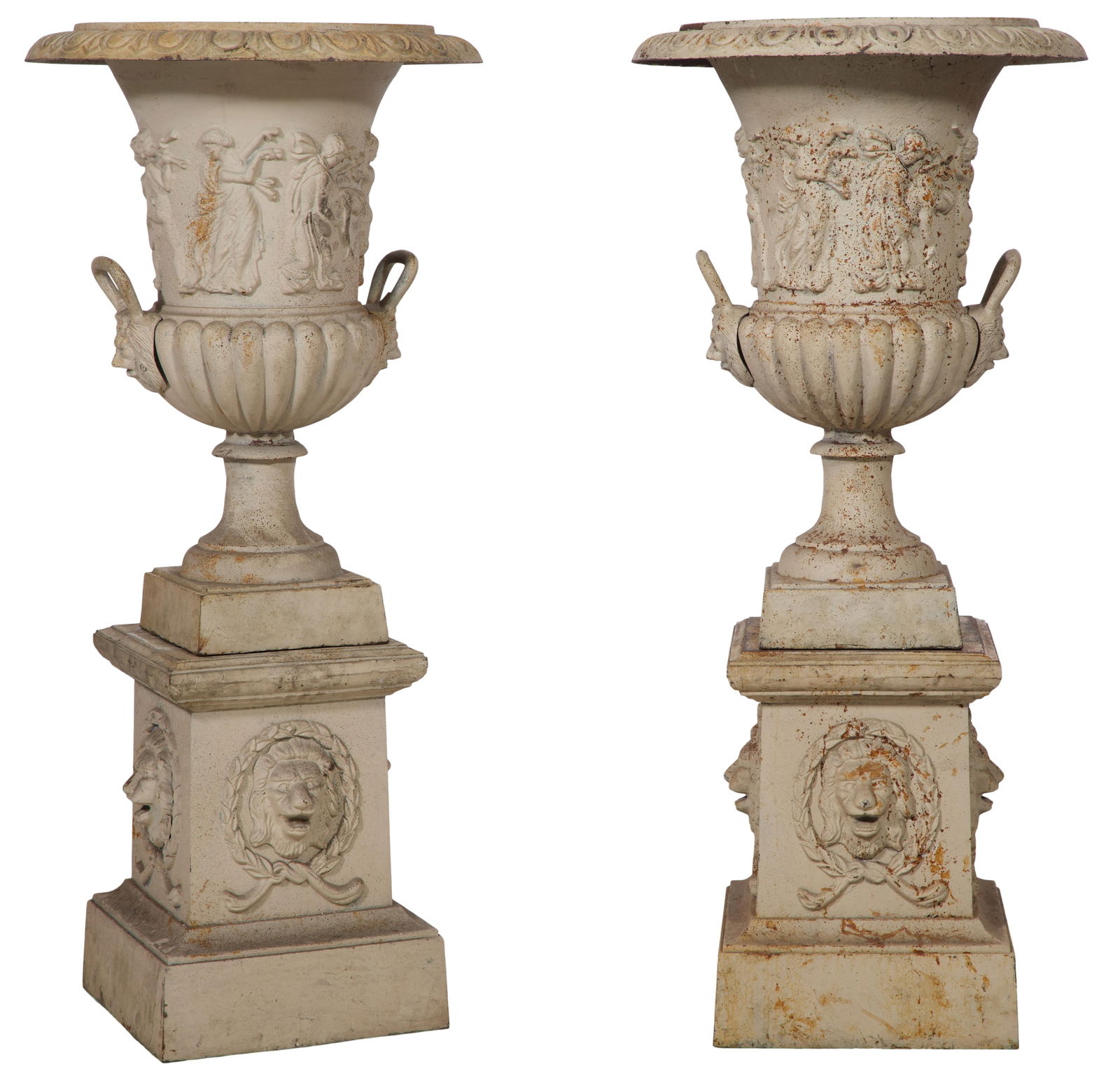 Pair of Iron Garden Urns on Stands, 20th c., H.- 64 in., W.- 21 in., D.- 18 1/2 in. (2 Pcs.) (1 of 3)