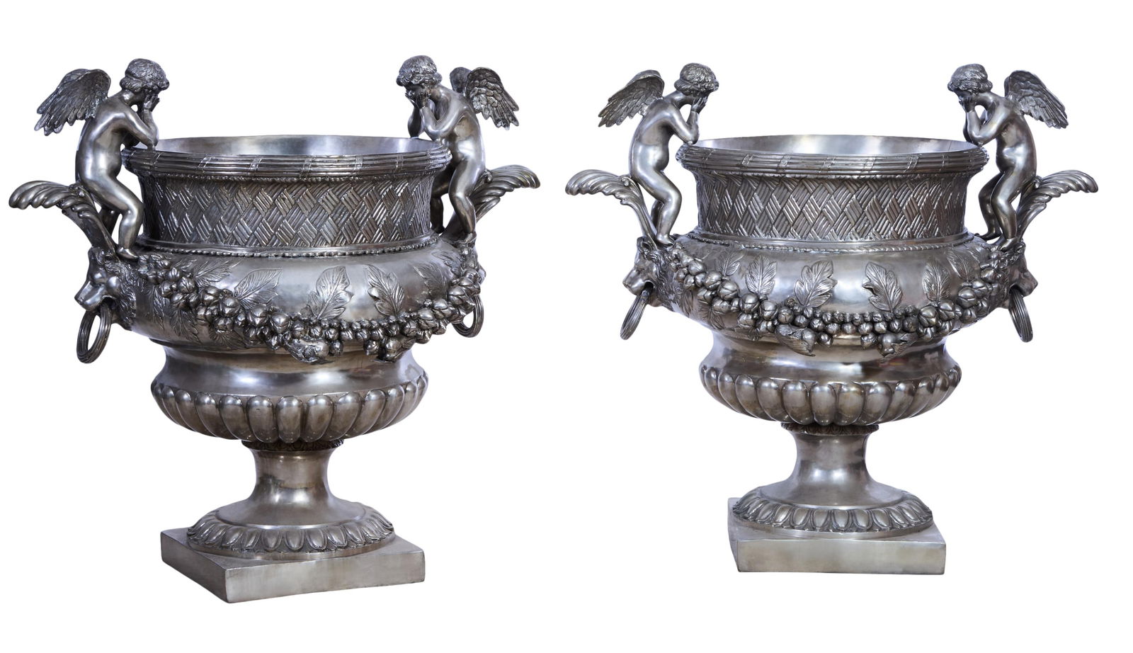 Pair of Extra Large Silvered Metal Cherub Jardinieres, 20th c., H.- 54 in., W.- 58 in., D.- 42 in. (1 of 5)