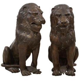 Pair of Seated Lion Bronzes, 20th c., H.- 30 in., W.- 13 in., D.- 22 in. (2 Pcs.)