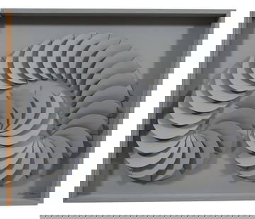 Greg Copeland (American, b. 1938), "Nautilus," Overall- H.- 32 3/4 in., W.- 39 in., D.- 2 7/8 in.: Greg Copeland (American, b. 1938), "Nautilus," paper wall sculpture relief on masonite, signed lower right, presented in a conforming gray wood frame, Overall- H.- 32 3/4 in., W.- 39 in., D.- 2 7/8 in