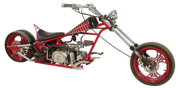 Custom Spiderman Mini "Chopper," 21st c., H.- 33 in., W.- 83 in., D.- 22 in.: Custom Spiderman Mini "Chopper," 21st c., featuring extended oversized back tire, modified banana seat, with spider-web motif on wheel spokes, gas tank, foot rests and pin-striping on front forks, H.-
