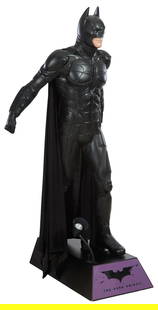 Life-Sized Batman "The Dark Knight" Electrified Figure, Overall- H.- 85 in., W.- 39 3/8 in., D.- 39: Life-Sized Batman "The Dark Knight" Electrified Figure, polychrome resin and fiberglass on conforming labeled base with spotlight, limited edition, produced by Studio Oxmox, Overall- H.- 85 in., W.- 3