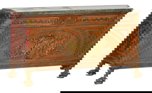 French Louis XVI Style Ormolu Mounted Marble Top Sideboard, 20th c., H.- 37 in., W.- 72 in., D.- 25: French Louis XVI Style Ormolu Mounted Marble Top Sideboard, 20th c., the verti moulded marble top with turret corners, two frieze drawers, two large doors with trophy mount, bound reed legs over paw f