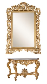 Large Italian Rocaille Marble Top Gilt Console and Mirror, 19th c., Table- H.- 39 in., W.- 62 1/2