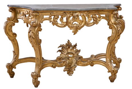 Large Italian Rocaille Marble Top Gilt Console and Mirror, 19th c., Table- H.- 39 in., W.- 62 1/2: Large Italian Rocaille Marble Top Gilt Console and Mirror, 19th c., the monumental mirror with a gilt wood pierced rococo foliate border over the console base with moulded gris serpentine marble top o
