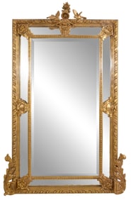 French Belle Epoque Carved Giltwood Cushion Overmantel Mirror, 20th c., H.- 83 in., W.- 53 in.