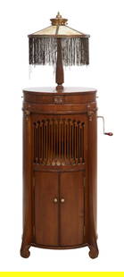 Modernola Console Gramophone c. 1920, H.- 69 in., Dia.- 25 in.: Modernola Console Gramophone c. 1920, with lamp and shade, reproducer and hand crank, H.- 69 in., Dia.- 25 in.