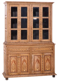 Indian Inlaid Bone and Mixed Wood Bookcase, 20th c., H.- 89 1/2 in., W.- 62 in., D.- 24 in.