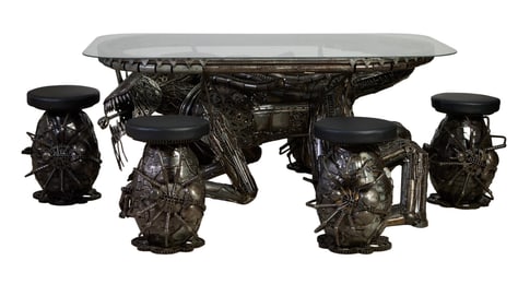 Metal Alien Table and Six Stools, 21st C., designed by Kalifano, Table- H.- 35 in., W.- 71 in., D.-