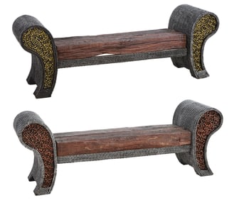 Pair of Custom Metal Chain Benches, 20th c., H.- 26 1/2 in., W.- 76 in., 19 1/2 in. (2 Pcs.)