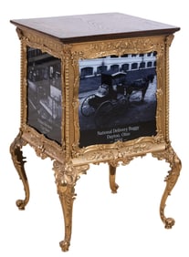 Rare National Cash Register Oak Top Gilt Metal Stand, 20th c., H.- 31 3/4 in., W.- 20 in., D.- 20