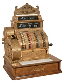 Antique Brass National Cash Register Company Model 442, 1910-1915, H.- 28 in, W.- 20 in, D.- 16 in.