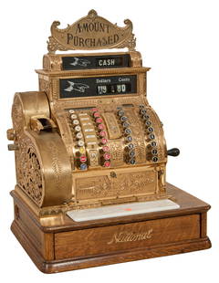 Antique Brass National Cash Register Company Model 442, 1910-1915, H.- 28 in, W.- 20 in, D.- 16 in.: Antique Brass National Cash Register Company Model 442, 1910-1915, on quarter sawn oak and marble base casing, H.- 28 in, W.- 20 in, D.- 16 in.