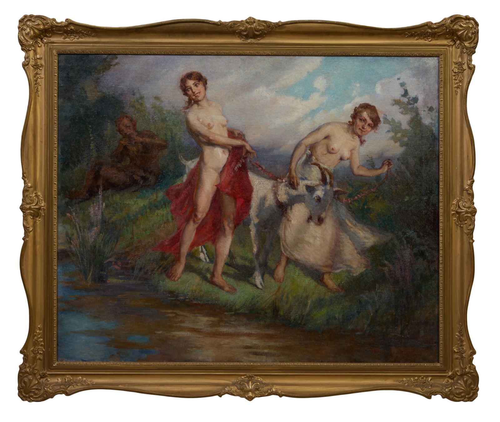 Hugo Loffler (German, 1895-1935), "Pan and Nymphs," Sight- H.- 37 in., W.- 46 1/2 in., Framed- H.-: Hugo Loffler (German, 1895-1935), "Pan and Nymphs," oil on canvas, signed lower right, presented in a giltwood frame, Sight- H.- 37 in., W.- 46 1/2 in., Framed- H.- 46 in., W.- 55 in.