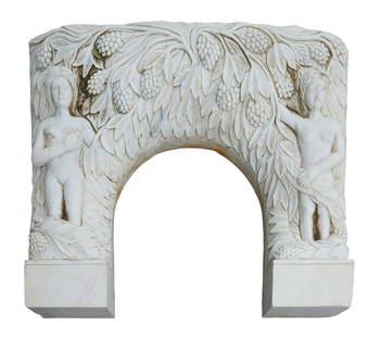 Continental Carved Marble Renaissance Revival Fireplace Mantel, mid-late 19th c., H.- 44 in., W.- 55: Continental Carved Marble Renaissance Revival Fireplace Mantel, mid-late 19th c., the top over a fruit and vine relief flanked by a carved frieze, flanked by a stylized Adam and Eve, on stepped bases,