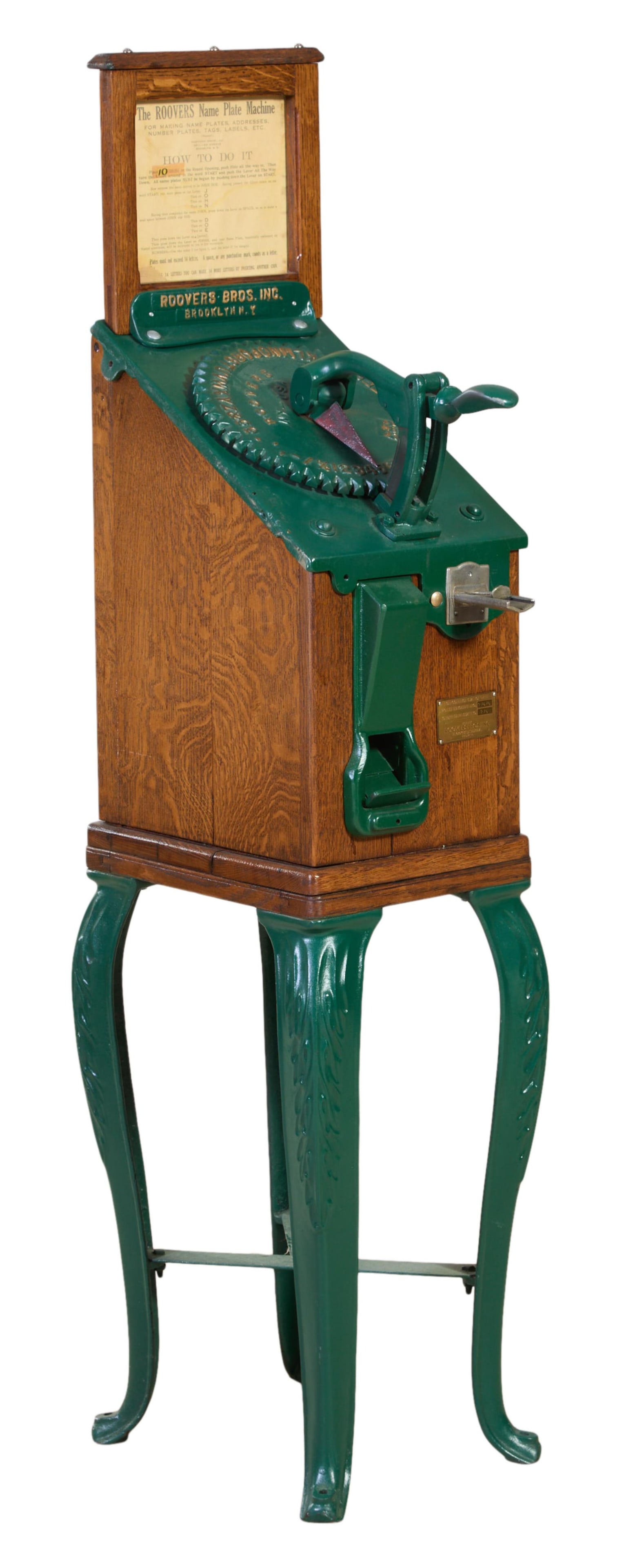 Roover Bros. Name Plate Machine, early 20th c., H.- 56 in., W.- 13 in., D.- 16 in. (1 of 4)